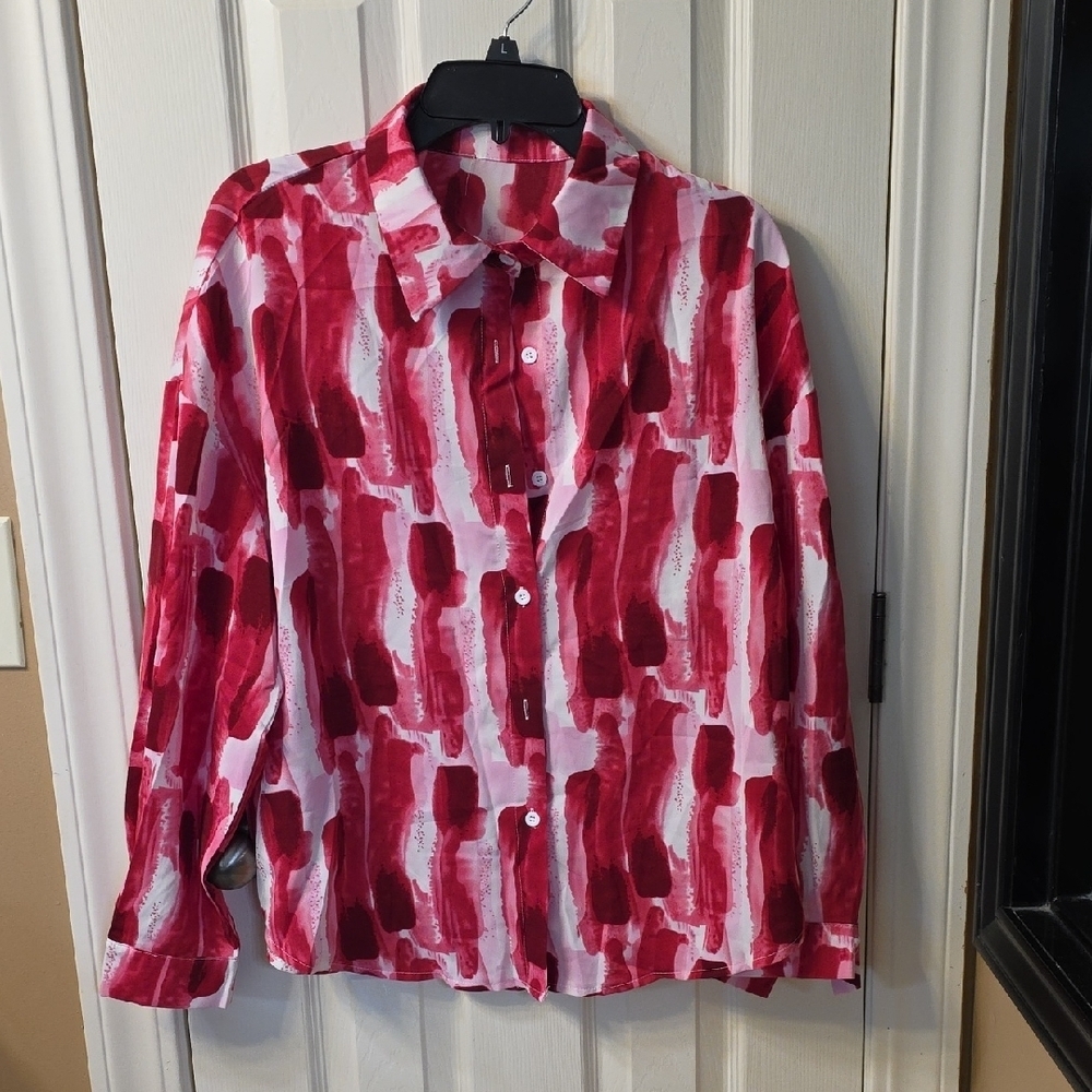 Red and White Abstract Button-Up Shirt